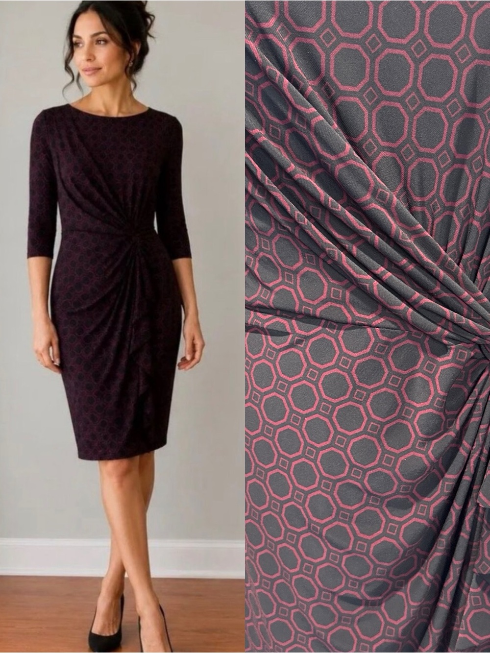 Lauren Ralph Lauren Faux Wrap Sheath Dress Burgundy Black Geometric Ruffle Sz 10
